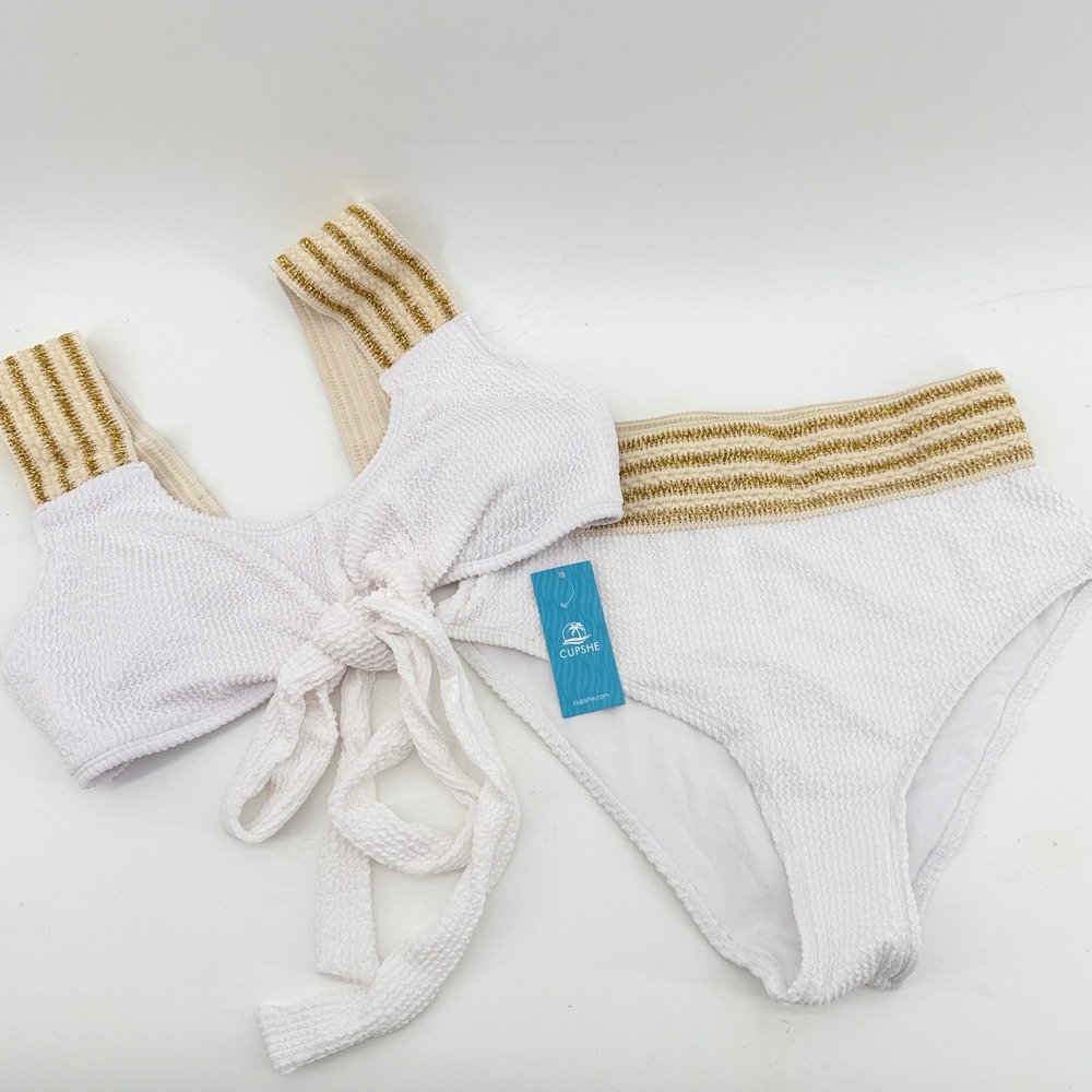 CUPSHE Womens White Smocked Bikini Set Gold Metallic Striped Trim size Med New